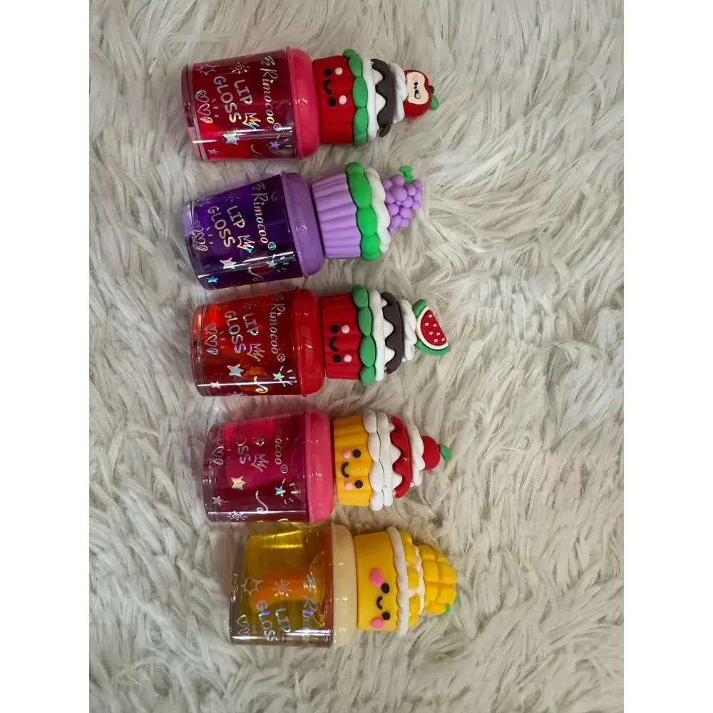 Set of 5 kawaii fruity cupcakes lip gloss with large applicator and ph activated